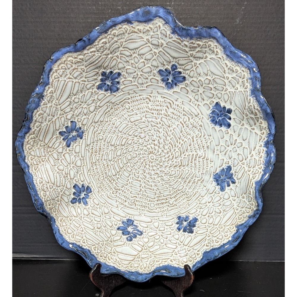 Artist Signed Studio Art Pottery Fruit/Display Bowl Blue/Cream Heavy Texture 14"